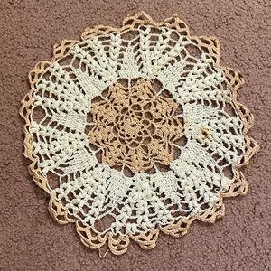 VTG HAND CROCHETED DOILY 11.5” White Pink Vintage Handmade Soiled Untreated